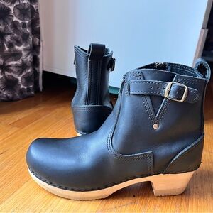 No. 6 Black Leather Boots with Mid Heel